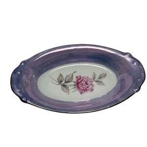 Vintage Westwood Japan Purple Lusterware Oval Dish Pink Rose Floral Trinket Tray